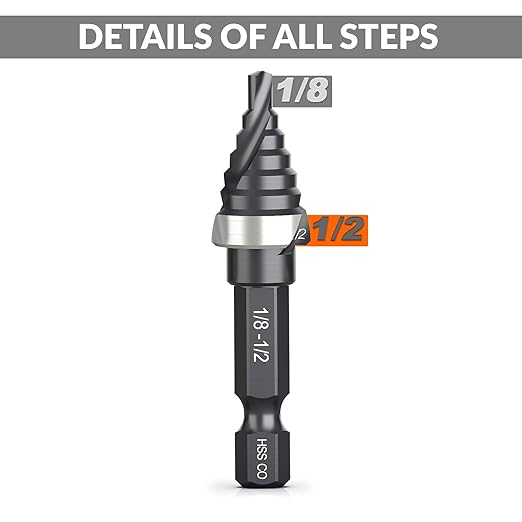 THINKWORK M35 Cobalt Spiral Flute Step Drill Bit, Single Size HSS Step Bit 1/2", Small Size EDC 1/4" Shank Step Bits for Metal, Carbon Steel, Stainless Steel, Wood, Plastic