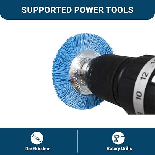 Benchmark Abrasives 3” Mounted Nylon Wire Wheel, Fine Grit, 1/4" Drill Shank, Perfect for Rust or Paint Removal Sanding Finishing on Wood Fiberglass Plastics - (Blue, 3")