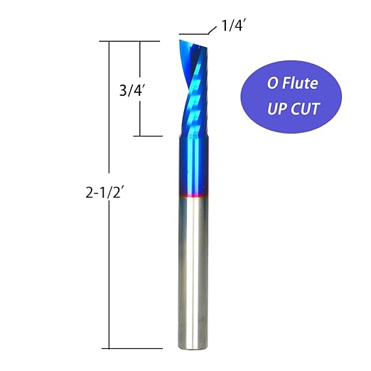 O Single Flute Upcut Spiral End Mill CNC Router Bit with NACO Coating for Plastic Cutting with Mirror Finish (1, 1/4 D x 3/4 CH x 1/4 SHK x 2-1/2L) UT144