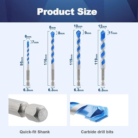 Carbide Drill Bit Set - Dry Drill Bit Set for Masonry, Concrete, Bricks, Wood, Plastic etc(6 * 2/8/10/12MM Quick-fit Shank)