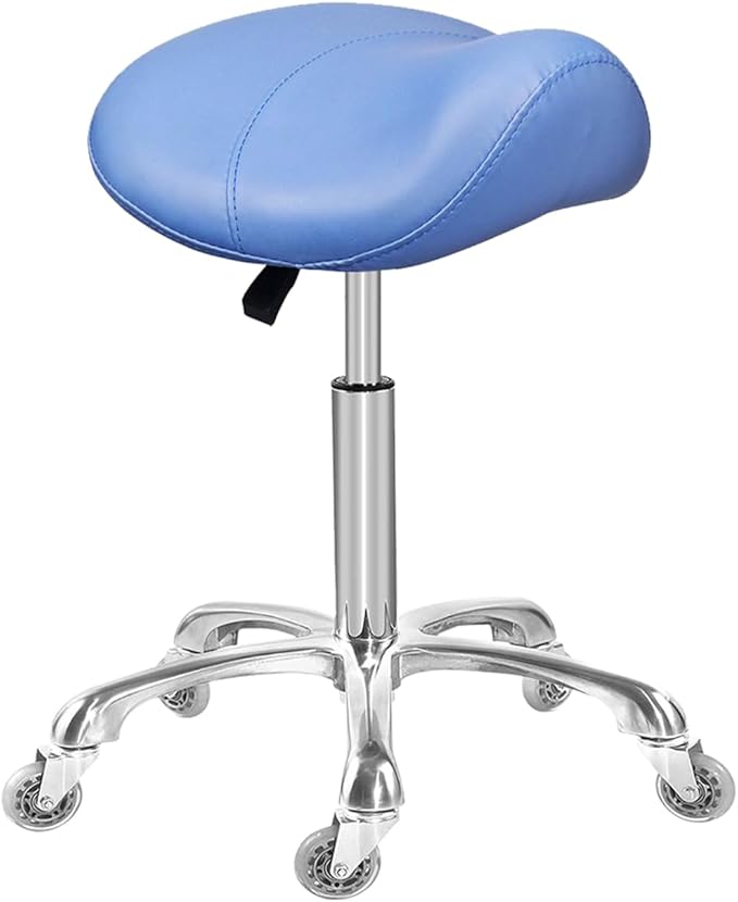 Saddle Stool Rolling Ergonomic Swivel Chair for Dental Office Massage Clinic Spa Salon,Adjustable Hydraulic Stool with Wheels (Without Backrest, Blue)
