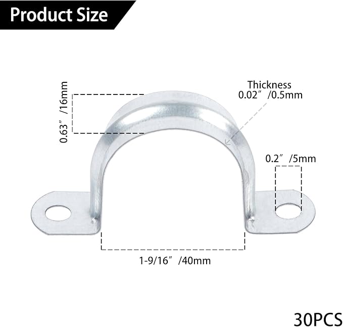 30 PCS 1-9/16 Inch Reinforced Rigid Pipe Strap, 2 Holes U Bracket Cable Clamp Hanger, Zinc Coated Tension Tube Clip, Conduits Strap Clamps for Pipe Fixing on Various Surfaces, 30 PCS(40 mm)