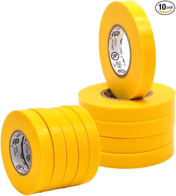 WOD ETC766 Professional Grade General Purpose Yellow Electrical Tape UL/CSA Listed core. Vinyl Rubber Adhesive Electrical Tape: 1/2 inch X 66 ft - Use at No More Than 600V & 176F (Pack of 10)