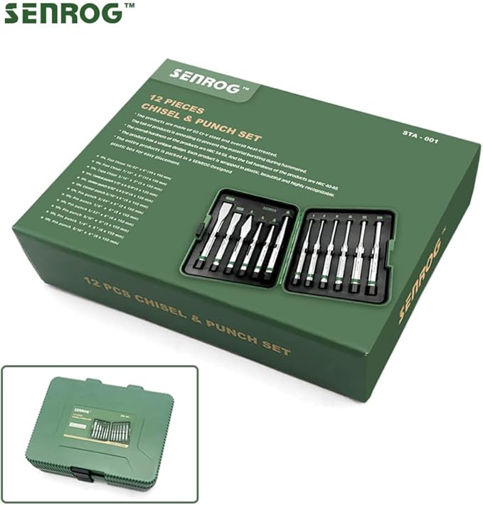12-Piece Punch and Chisel Set, Including Pin Punch, Cold Chisel, Taper Punch, Center Punch, Carrying Case, Widely Used in Factories, Repair Shops, Home