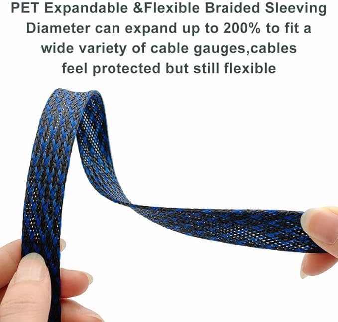 PET Expandable Braided Sleeving Wire Loom 1/8 Inch Cable Wrap Cable Sleeve Wire Protector Sleeve Tubing 25Feet, Blue&Black