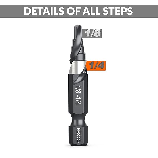 THINKWORK M35 Cobalt Spiral Flute Step Drill Bit, Single Size HSS Step Bit 1/4", Small Size EDC 1/4" Shank Step Bits for Metal, Carbon Steel, Stainless Steel, Wood, Plastic