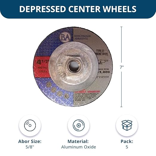 Benchmark Abrasives 4-1/2" T27 Aluminum Oxide Pro Depressed Center Grinding Wheel, 1/4" Thick, 5/8"-11 Threaded Flange Angle Grinder Wheel for Cutting Stock Removal on Metal, Cast Iron - 5 Pack
