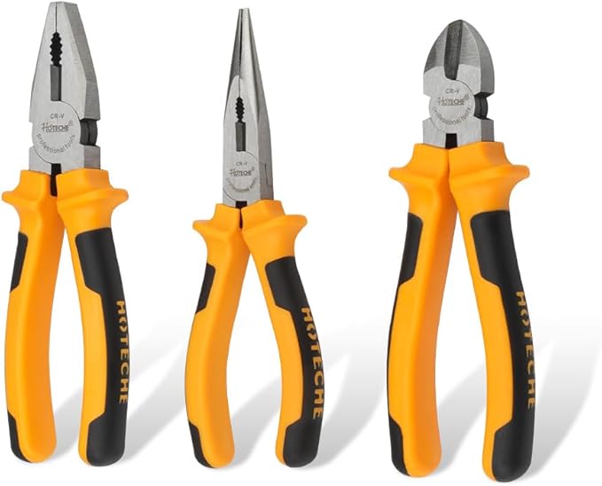 HOTECHE 3 Piece Plier Set - Professional Grade Carbon Steel Pliers for Electricians & Mechanics (6" Diagonal Cutter, 7" Combination, 6" Long Nose) with PVC Grips - Heavy Duty Rust-Resistant