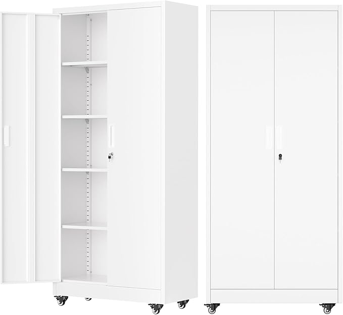 Pataku 73" Metal Storage Cabinet with Wheels, Garage Storage Cabinet with 4 Adjustable Shelves & Lockable Doors for Garage Home Office, Heavy Duty Tool Cabinets（White）