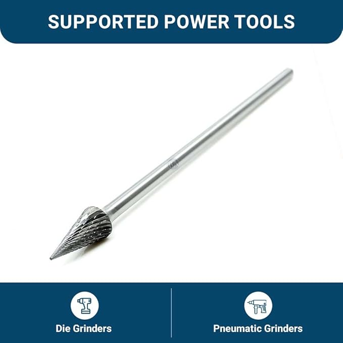 Benchmark Abrasives 6” Pointed Cone Shape Double Cut Tungsten Carbide Die Grinder Bits Metal Deburring Tool Rotary Burr, 1/4 Inch Shaft, Engraving Tool for Woodworking Shaping Carving (SM-5)