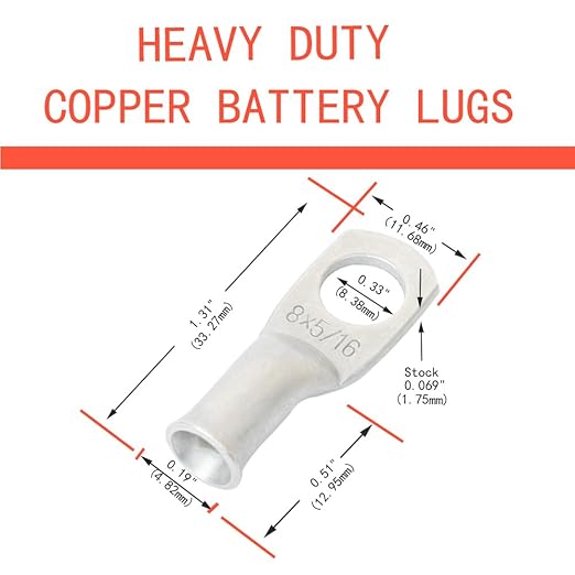25pcs 8 AWG 5/16" Stud Tinned Copper Ring Terminals Battery Cable Ends Wire Lugs 8 Gauge Battery Cable Lugs Heavy Duty Cable Lugs Bare Copper Eyelets Tubular Ring Terminal Connectors