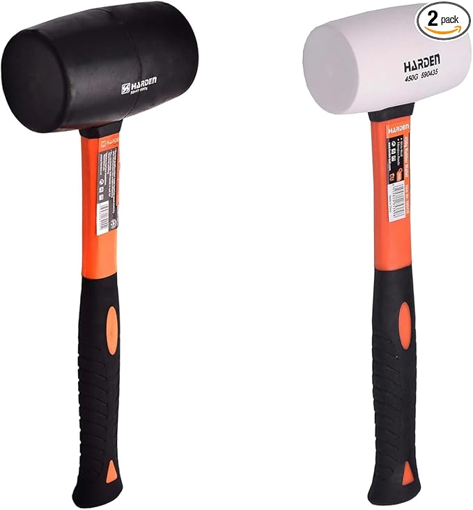2-Pack 16oz Rubber Mallets (Black & White Head) – Professional Grade Rubber Mallet Set with Fiberglass Handles and Ergonomic Anti-Slip Grip – Ideal for Tile, Pavers, Flooring, and Construction Work