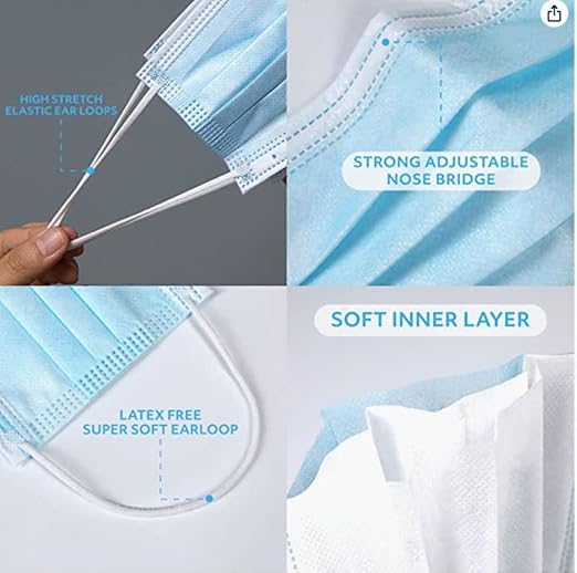 Jointown Disposable Face Masks, ASTM Level 2 Surgical Mask with 3 Ply Protection & Elastic Earloop, 50 Pack Blue