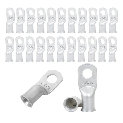 Heavy Duty Tinned Battery Ring Terminals, 2 AWG 5/16" Stud (25 pcs.), 2 Gauge Copper Connectors, Tubular Ring Terminals