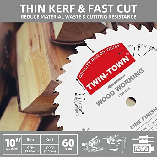 TWIN-TOWN 10-Inch 60-Tooth ATB Fine Finish Wood Cutting Circular Saw Blade, 5/8 Inch Arbor, Compatible with Table and Miter Saws, Premium Quality Woodworking Saw Blade