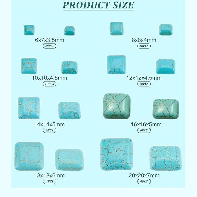 arricraft 80 Pcs Cracked Stone Cabochon, 8 Size Square Shape Gemstones Beads - Image 2