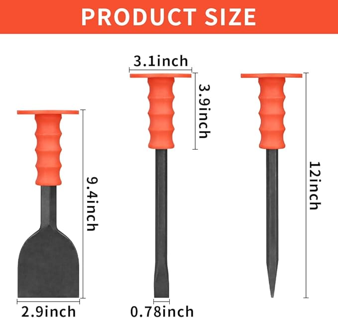 Heavy-Duty Masonry Chisel Set with Thick Protective Handles: Includes Tile and Concrete Chisels, Ideal for Brickwork, Demolition, Stonework, Carving, and Concrete Breaking. (8in 11in 11in)