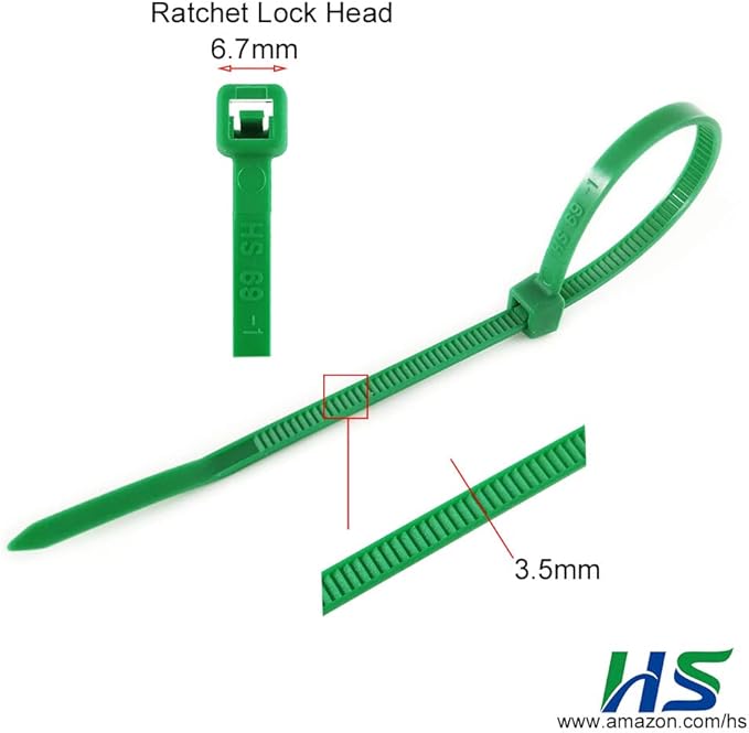 HS Green Zip Ties 8 Inch (Bulk-1000 Pack) Nylon Cable Ties 40 Lbs Self-Locking Wire Ties for Electronics Organizer