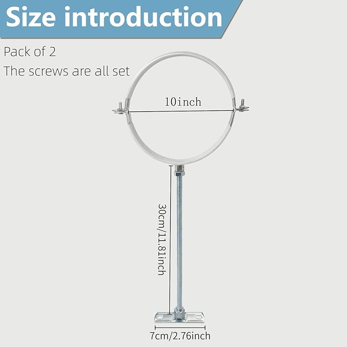 2 Sets 10 Inch Adjustable Pipe Bracket，Heavy Duty Galvanized Iron Stove Pipe Hanger Strap，Wall Support Chimney Pipe Holder，Round Split Ring Vent Conduit Carrier Kit，with All Mounting Screws