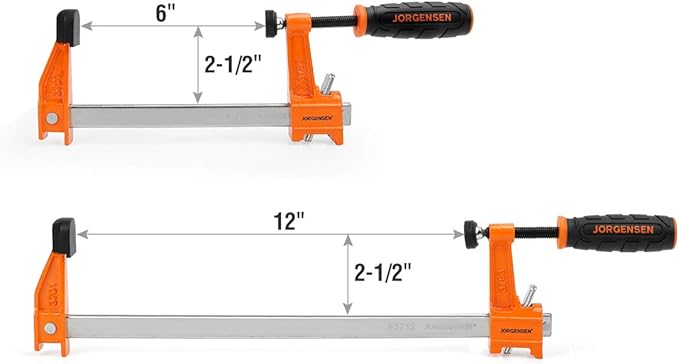 JORGENSEN 4-pack Steel Bar Clamps Set, 6-inch (2) & 12-inch (2) Medium Duty F-Clamp, 600 Lbs Load Limit, for Woodworking