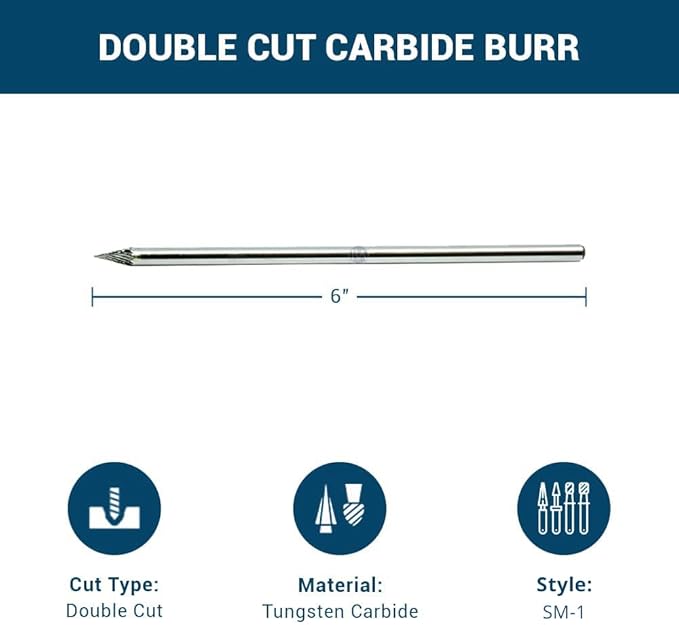 Benchmark Abrasives 6” Pointed Cone Shape Double Cut Tungsten Carbide Die Grinder Bits Metal Deburring Tool Rotary Burr, 1/4 Inch Shaft, Engraving Tool for Woodworking Shaping Carving (SM-1)