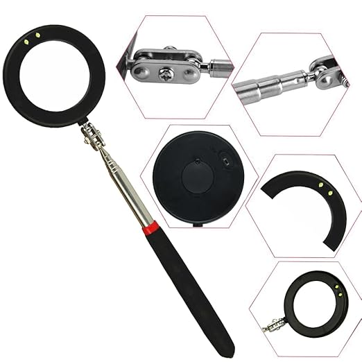 Telescoping Inspection Circular Mirror with 2 LED Light and Mirror on a Stick and Extendable Mechanic Tool for Automotive,50mm Circular Mirror 360 Swivel for Extra Viewing