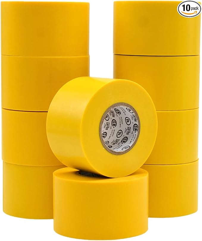 WOD ETC766 Professional Grade General Purpose Yellow Electrical Tape UL/CSA Listed core. Vinyl Rubber Adhesive Electrical Tape: 2 inch X 66 ft. - Use at No More Than 600V & 176F (Pack of 10)