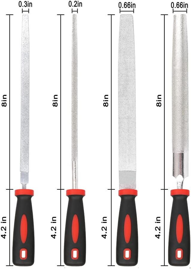 YKLP 8inch Diamond Coated File Plastic Handle Hand Tools for Grinding on Glass, Stone, Marble, Rock, Bone (4 Pcs)