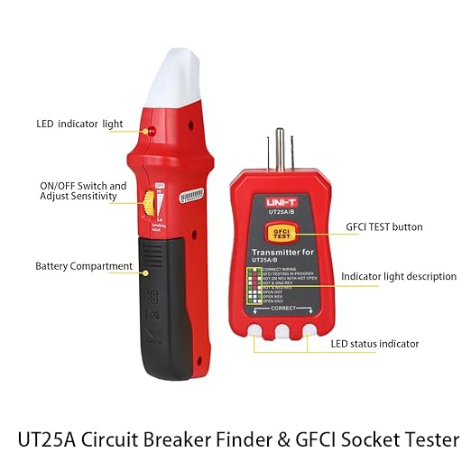 UNI-T UT25A Digital AC Circuit Breaker Finder and Tracker Kit with Electrical Integrated GFCI Outlet Socket Tester, Working on AC 90-120V, Adjustable Sensitivity Buzzer Indication, Flashing LEDs