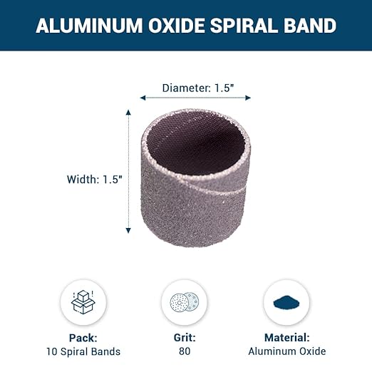 Benchmark Abrasives 1.5" x 1.5" Aluminum Oxide Abrasive Spiral Bands for Rotary Tools, Drum Sleeves for Sanding Deburring Blending Polishing on Metals Plastic Wood Rubber (10 Pack) - 80 Grit
