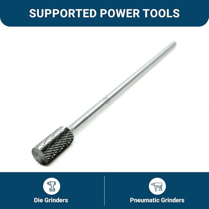 Benchmark Abrasives 6” Cylindrical Shape End Cut Double Cut Tungsten Carbide Die Grinder Bits Metal Deburring Tool Rotary Burr, 1/4 Inch Shaft, Engraving Tool for Woodworking Shaping Carving (SB-5)