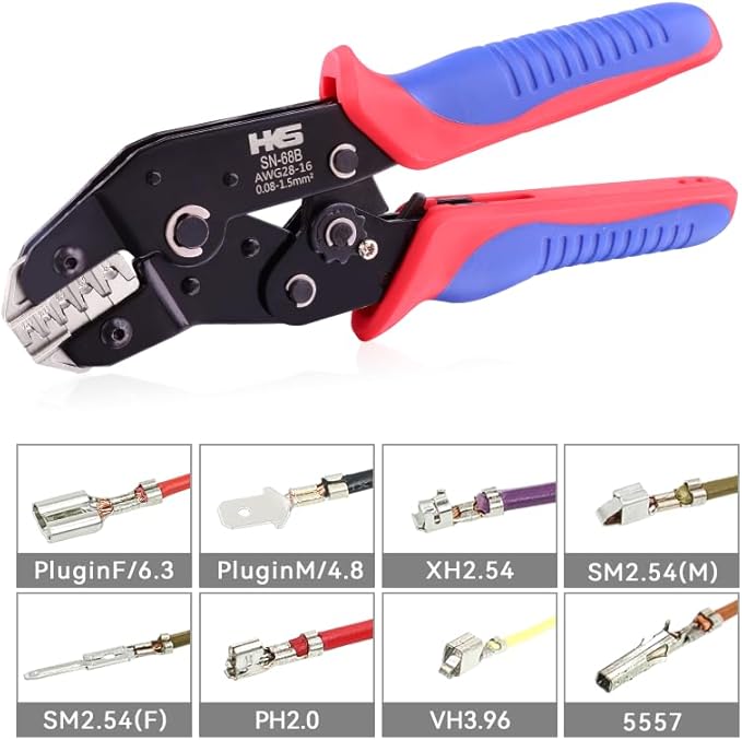 HKS SN-68B Open Barrel Crimping Tool, 28–16 AWG (0.08–1.5mm²) Ratcheting Wire Crimper for JST-SH/GH/ZH/PH/XH/SM, Dupont, Molex, TE, PCIE, SATA Terminals