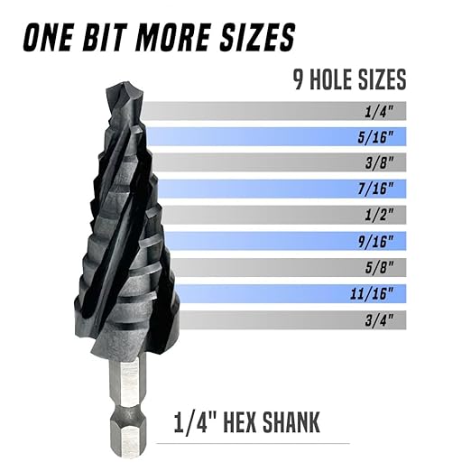 Four Spiral Flute Step Drill Bit, 1/4" - 3/4"(9 Sizes) 1/4" Hex Shank Cobalt Step Drill Bit Fully Coated with TiAlN for Metal, Stainless Steel, Aluminum, Plastic