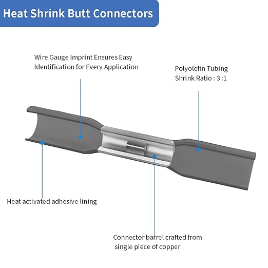 100 Pcs Black Heat Shrink Butt Connectors, 14-12 AWG Marine Grade Heat Shrink Wire Connectors, Tinned Copper, Waterproof Insulated Crimp Butt Splice Automotive Electrical Connectors
