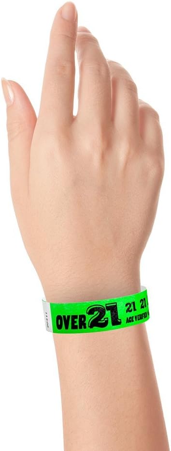 200 WristCo Over 21 Neon Green Tyvek Wristbands for Events - ¾” x 10” - Waterproof Recyclable Comfortable Tear Resistant Paper Bracelets Wrist Bands for Concerts Festivals Admission Party