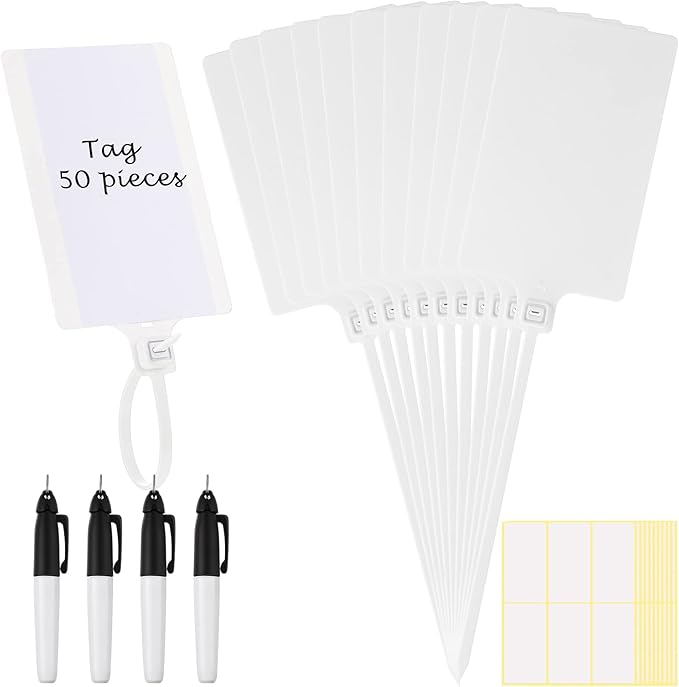 Pajean Waterproof Plastic Tags with Marker Pens and Sticker Labels, Self Locking Bag Writable Tags with Wire Cable Ties for Luggage(White,50 Pieces)