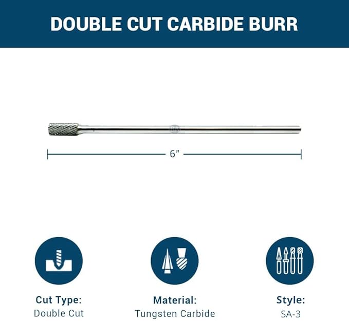 Benchmark Abrasives 6” Cylinder Shape Double Cut Tungsten Carbide Die Grinder Bits Metal Deburring Tool Rotary Burr, 1/4 Inch Shaft, Engraving Tool for Woodworking Shaping Carving (SA-3)