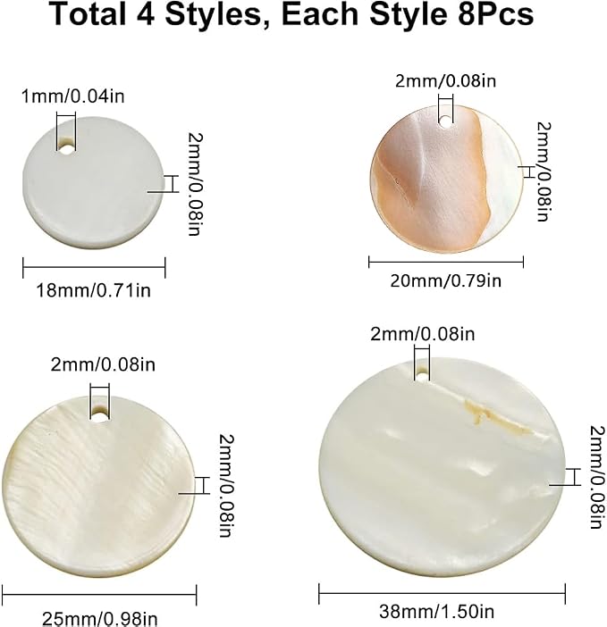 SUNNYCLUE 1 Box 32Pcs 4 Size Natural Freshwater Shell Pendants Flat Round - Image 2