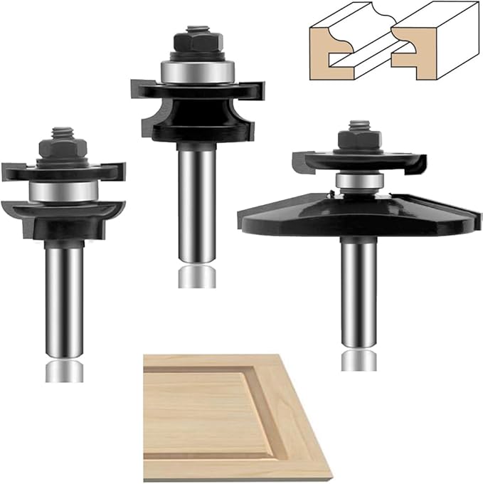 LEATBUY 1/2 Inch Shank Router Bit Set 3 PCS Round Over Raised Panel Cabinet Door Rail and Stile Router Bits, Woodworking Wood Cutter, Wood Groove Tongue Milling Tool(1/2-double)