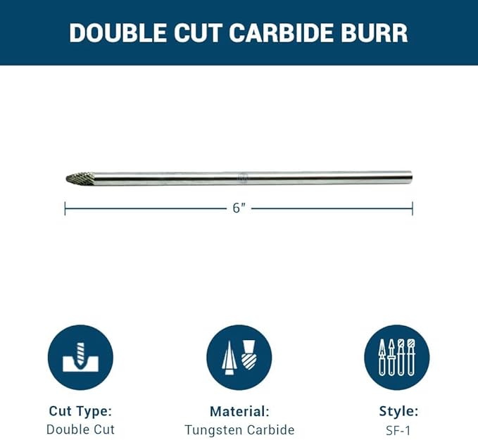 Benchmark Abrasives 6” Tree Shape Radius Double Cut Tungsten Carbide Die Grinder Bits Metal Deburring Tool Rotary Burr, 1/4 Inch Shaft, Engraving Tool for Woodworking Shaping Carving (SF-1)
