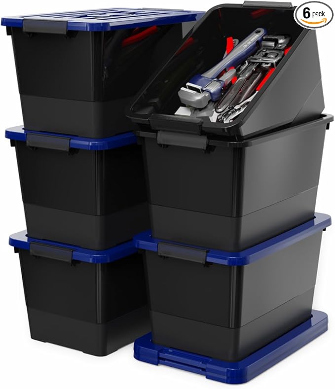 WYT 32 Quart Stackable Plastic Storage Bins with Blue Lids, 6 Pack Black Containers with Latching Buckles and Handle, Durable Nestable Boxes Organizing for Closet, Garage, Tool Room