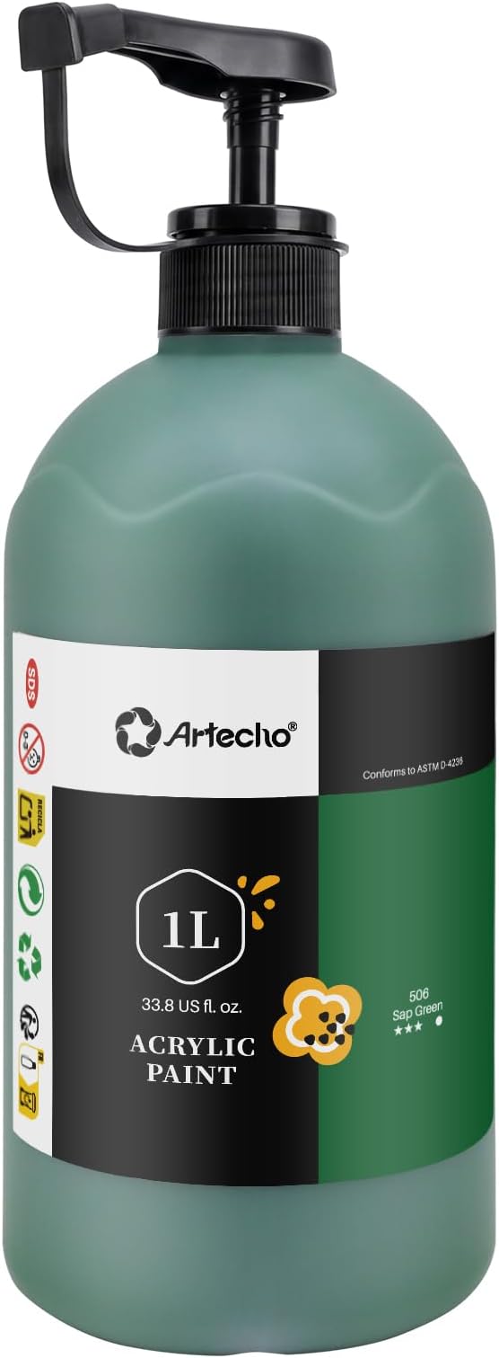Artecho Sap Green Acrylic Paint 1000ml / 33.8 fl oz Pump Dispenser | Large by Artecho