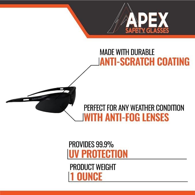 Malta Dynamics APEX Safety Glasses – Construction Safety Glasses for Men and Women with Anti Scratch and Anti Fog Protection, ISEA & ANSI Z87 Compliant (Tinted, 36 Pairs)