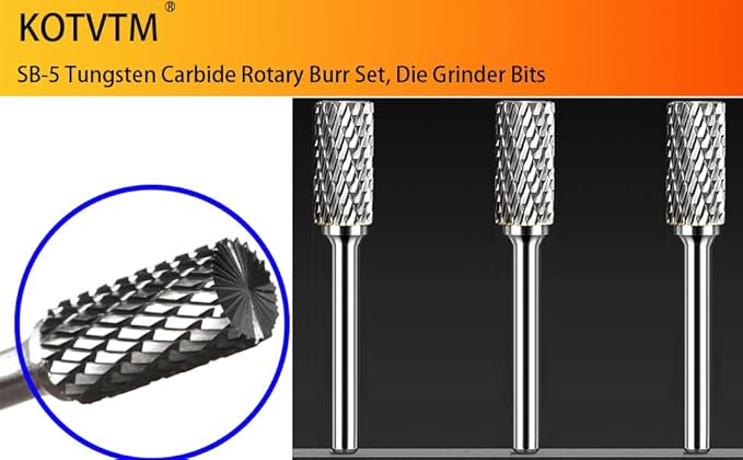 Carbide Burr Set 1/4" Shank SB-5 Die Grinder Bits Tungsten Double Cut Burr Bits (1/2" Cutter Dia X 1" Cutter Length) for Die Grinder Kits Metal Grinding Drilling Polishing (3pcs)