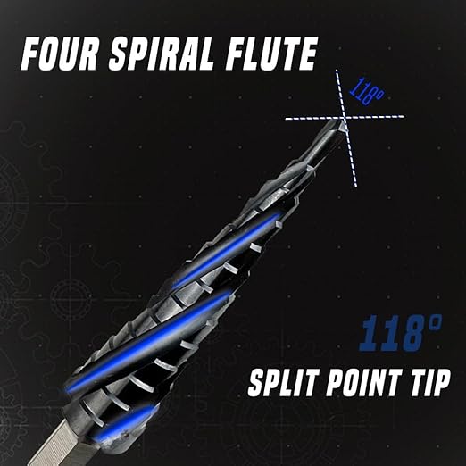 Four Spiral Flute Step Drill Bit, 1/8" - 1/2"(13 Sizes) 1/4" Hex Shank Cobalt Step Drill Bit Fully Coated with TiAlN for Metal, Stainless Steel, Aluminum, Plastic