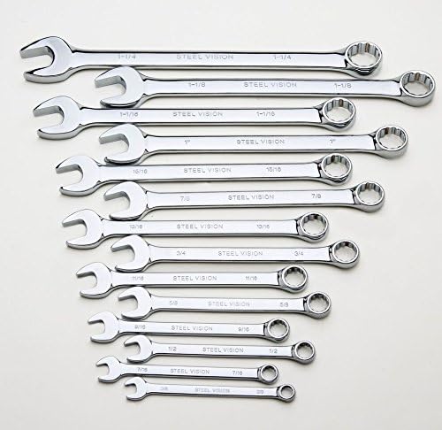 Steel Vision Pro 14-Piece SAE Combination Wrench Set - Heavy Duty CR-V Steel, Mirror Polished, Anti-Rust, 12-Point Openings, Includes Organizer Bag (Sizes 3/8 to 1-1/4 Inch)