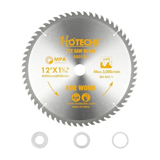 Hoteche 12-Inch Circular Saw Blade for Wood 60-Tooth Tungsten Carbide-Tipped Blade High-Performance Professioal Saw Blade for Miter Saw and Table Saws with 1-inch, 13/16-inch, 5/8-inch Arbor