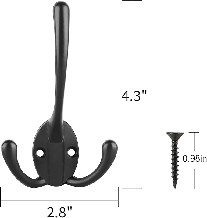 IBosins 14 Pack Big Heavy Duty Triple Coat Hooks Wall Mounted with 28 Screws, Black Retro Three Prongs Wall Hooks Utility Rustic Hooks for Coat, Bag, Towel, Umbrella