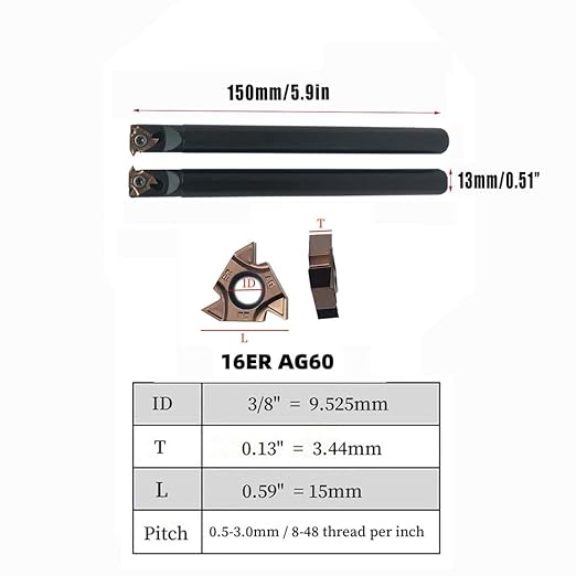 Lather Threading Tool Bit Set External Internal Threading Boring Bars Turning Tool Holders with 11IR AG60 16ER 16IR AG60 Carbide Threading Inserts (2pcs Boring Bars + 16ER IR AG60)