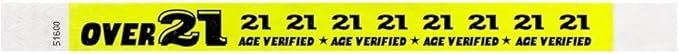 500 WristCo Over 21 Neon Yellow Tyvek Wristbands for Events - ¾” x 10” - Waterproof Recyclable Comfortable Tear Resistant Paper Bracelets Wrist Bands for Concerts Festivals Admission Party